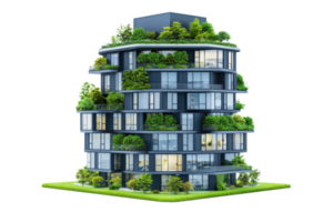 A modern, multi-story building featuring extensive greenery and large glass windows, showcasing a harmonious blend of architecture and nature. png