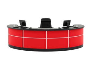 A modern reception desk with a curved design, featuring a vibrant red finish and equipped with multiple workstations. png