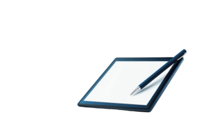 A sleek notepad with a pen resting on it, ready for writing or sketching ideas. png