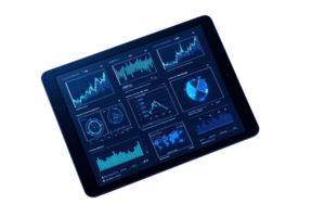 A high-tech tablet displaying various digital graphs and data visualizations. png