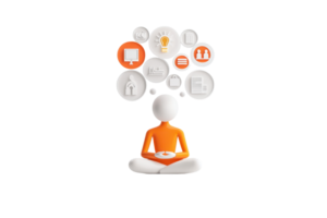 A meditating figure in orange, surrounded by thought bubbles containing various icons representing ideas and concepts. png