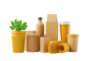 A collection of yellow packaging containers, including cups, boxes, and a plant, showcasing various shapes and textures. png