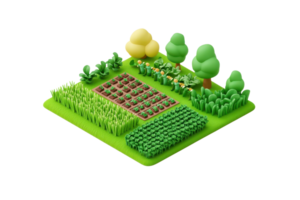 A colorful, stylized garden featuring rows of crops, trees, and bushes, all rendered in a playful, cartoonish style. png