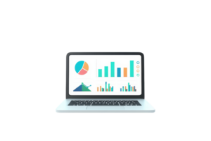 A laptop displaying colorful graphs and charts, representing data analysis and performance metrics. png