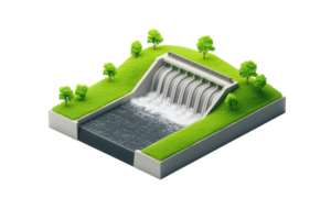 A miniature model of a waterfall cascading down multiple tiers, surrounded by lush greenery and a serene water surface. png