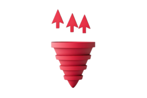 A red funnel shape with three upward-pointing arrows, symbolizing progress or direction. png
