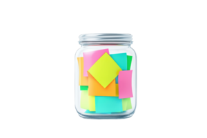 A glass jar filled with colorful sticky notes in various shapes and sizes. png