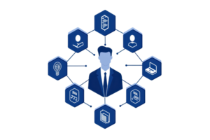 A central figure in a suit surrounded by hexagonal icons representing various technology themes and concepts. png