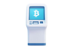 A modern Bitcoin ATM with a digital screen displaying the Bitcoin logo, designed for cryptocurrency transactions. png