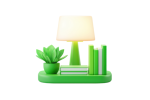 A vibrant green lamp, accompanied by a plant and stacked books, creates a stylish and inviting desk arrangement. png