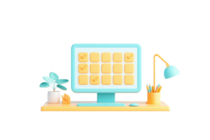 A colorful computer setup featuring a monitor, a desk lamp, a plant, and a holder with stationery. png