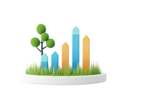 A modern, stylized representation of colorful bar graphs and a small tree, set on a green lawn. png
