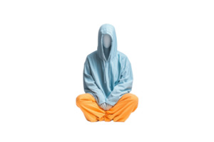 A figure in a blue hoodie and orange pants sits cross-legged, with a blank face, conveying a sense of calmness and introspection. png