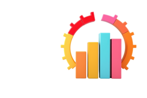 A colorful bar chart with varying heights and a gear-like design surrounding it, symbolizing data analysis and performance metrics. png