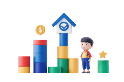 en barn står Nästa till färgrik byggnad block anordnad i en Graf form, terar en hus ikon, en dollar mynt, och en grön stack. png