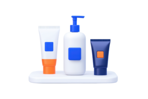 A set of three skincare products in various containers, including a tube, a pump bottle, and a small tube, featuring bold colors and minimalist design. png
