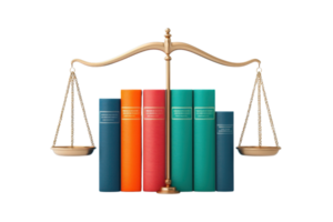 A balanced scale placed in front of a collection of colorful law books. png