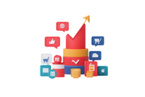 A colorful graphical representation of a bar chart with an upward trend, surrounded by various social media and e-commerce icons. png