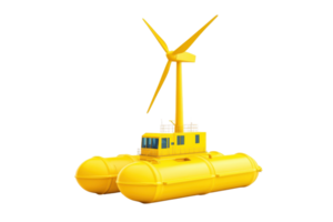 A bright yellow floating platform with a wind turbine, designed for renewable energy generation on water. png
