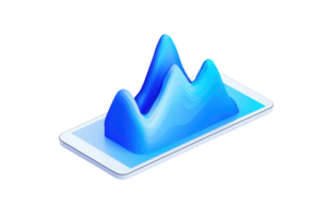 A stylized blue graph rises from a smartphone, symbolizing data analysis or visualization. png