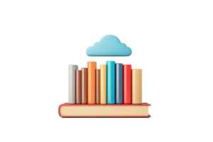 A colorful stack of books sits atop a large book with a cloud above, symbolizing digital or online reading. png