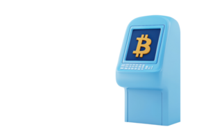 A blue Bitcoin ATM with a prominent Bitcoin symbol displayed on its screen. png