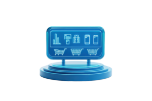 A modern digital display featuring shopping icons and data visuals, symbolizing e-commerce and analytics. png