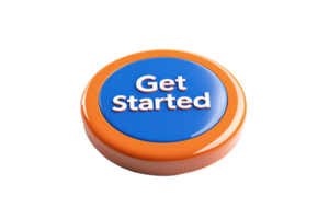 A circular button featuring the phrase Get Started in bold white text on a blue background, surrounded by an orange rim. png