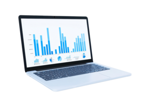 A laptop displaying colorful bar graphs and charts, emphasizing data analysis and visualization. png