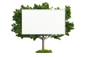 A tree with a blank sign board in the center, serving as a canvas for messages or advertisements. png