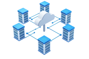 A cloud icon connected to multiple server buildings, illustrating cloud computing and data management. png