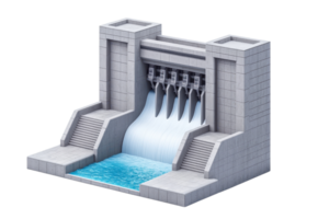 A modern dam structure with flowing water, featuring steps and multiple outlets for water release. png