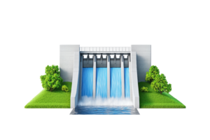 A modern dam structure with water flowing from multiple gates, flanked by greenery and a grassy area. png