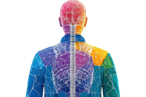 A colorful representation of a human figure highlighting the spine and internal structures through a network design. png