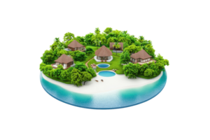 A tropical island resort featuring multiple villas, pools, and lush greenery, surrounded by sandy beaches and clear water. png