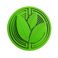 A circular emblem featuring three green leaves arranged within a maze pattern, symbolizing nature and growth. png
