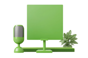 A vibrant green microphone stands beside a square display, complemented by a plant, creating a fresh and modern aesthetic. png