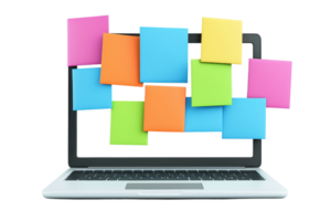A laptop with colorful sticky notes arranged creatively on its screen, showcasing a vibrant display of organization and ideas. png