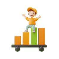 A cheerful character stands on colorful bar charts, symbolizing growth and success in a playful, animated style. png
