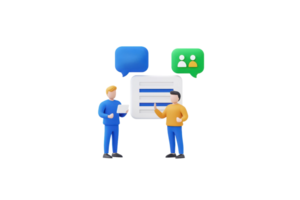 Two individuals engage in a discussion, with speech bubbles indicating conversation and a central data display. png