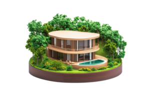A modern architectural model of a house surrounded by greenery, featuring large windows and a swimming pool. png