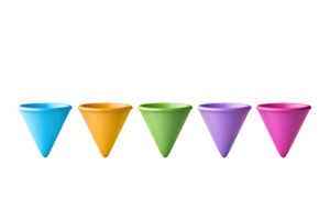 Five colorful cone-shaped containers arranged in a row, showcasing a spectrum of vibrant hues. png
