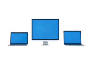 Three digital devices featuring blue screens a desktop monitor flanked by two laptops of varying sizes. png