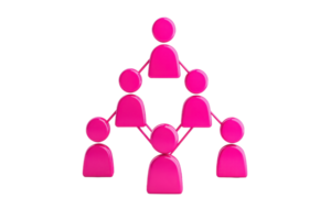 A network of pink figures connected, representing teamwork and collaboration within a structured hierarchy. png