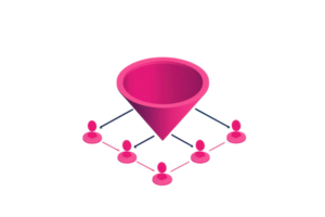 A vibrant pink funnel shape connected to smaller figures, representing a network or a data flow. png