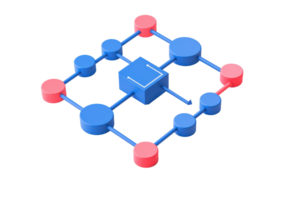 A 3D geometric model featuring interconnected nodes in blue and red, forming a network structure. png