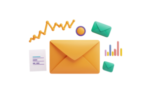 A vibrant yellow envelope surrounded by graphs, documents, and colored envelopes, symbolizing communication and analytics. png