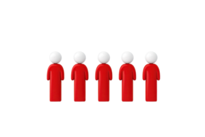 Five simplistic red figures with white heads, aligned in a row. png