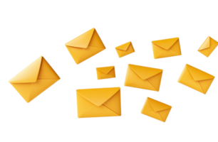 A collection of yellow envelopes in various sizes, suggesting communication, correspondence, and mail delivery. png