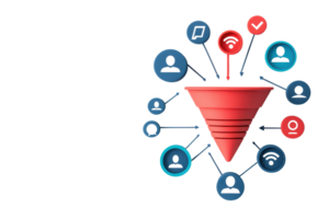 A stylized red funnel with various icons representing communication and user interaction radiating from its top. png